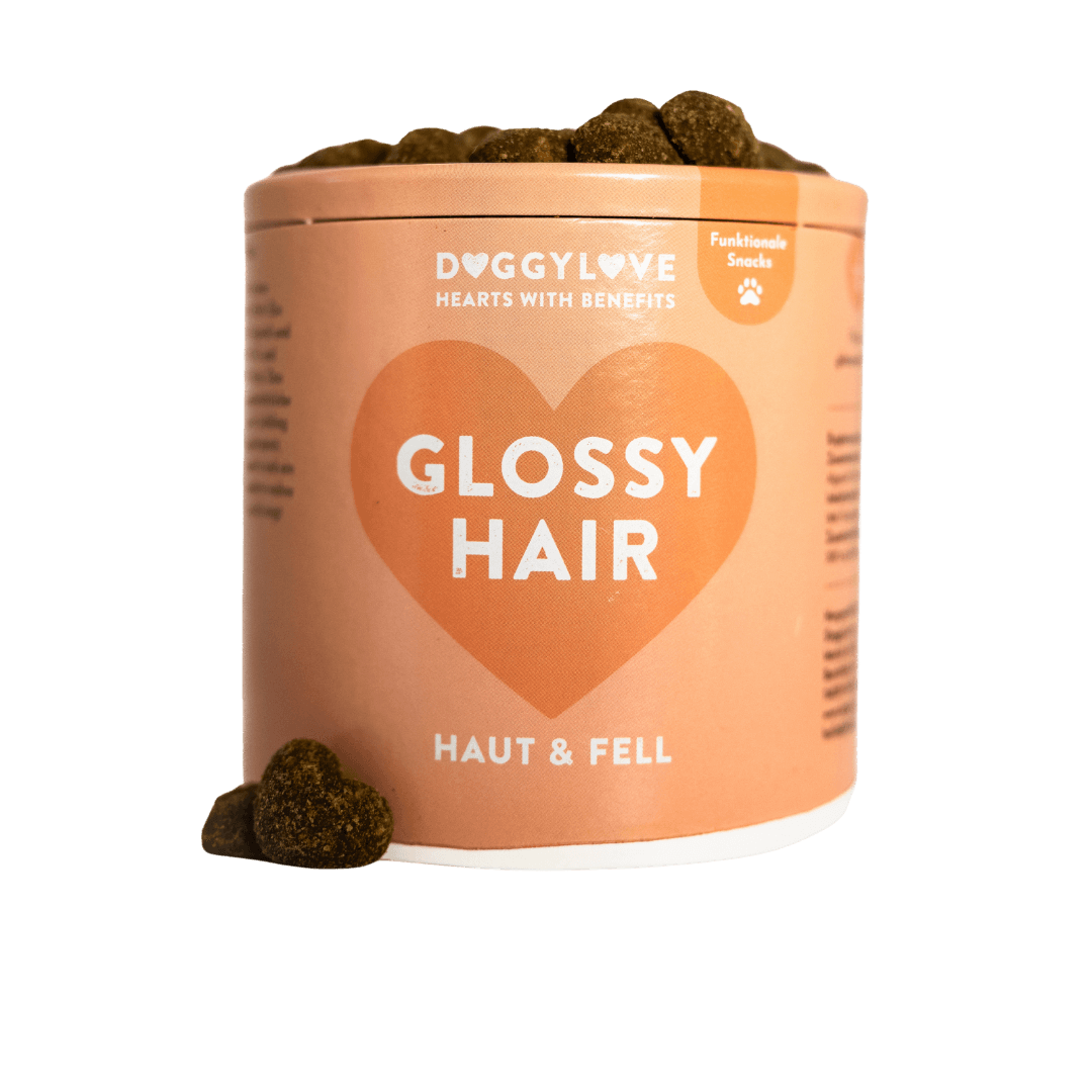 GLOSSY HAIR Verpackung mit Herzdesign für hochwertige Fellpflege und glänzendes Hundehaar.