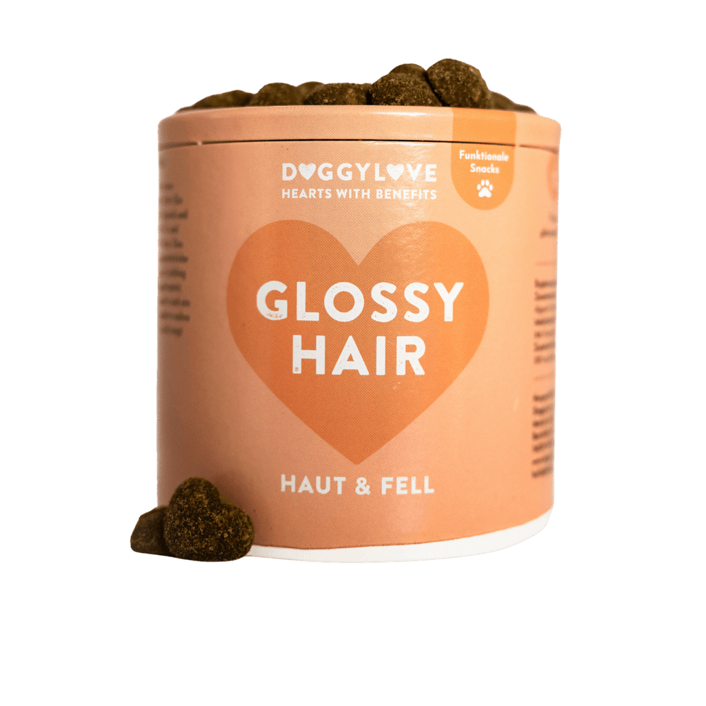GLOSSY HAIR Verpackung mit Herzdesign für hochwertige Fellpflege und glänzendes Hundehaar.