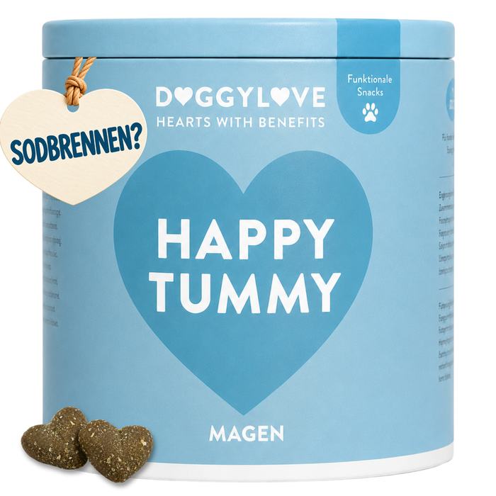 DoggyLove Happy Tummy Hundesnacks in blauer Dose mit herzförmigen Leckerlis und Sodbrennen-Anhänger.